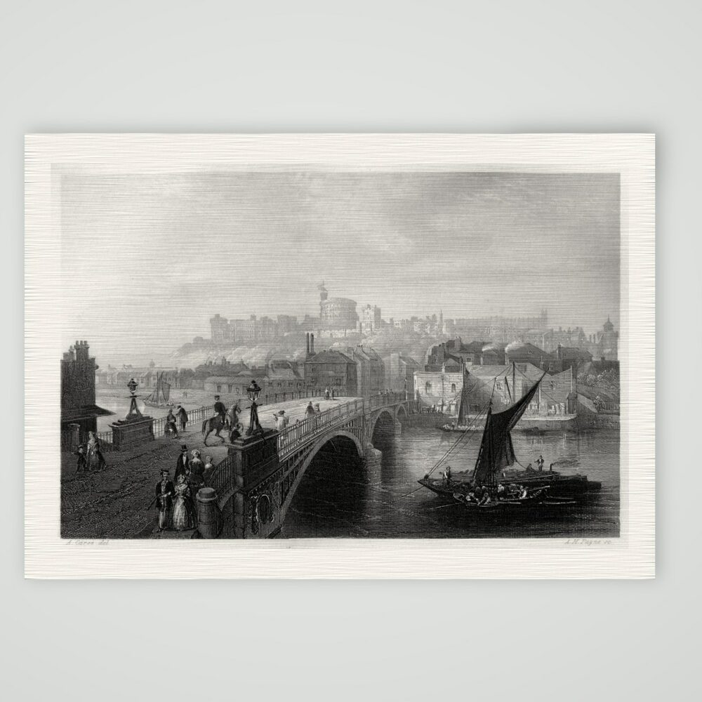 Windsor, Schloss über der Themse mit Brücke, Stahlstich von A. H. Payne um 1850, Kunstdruck auf Leinenpapier