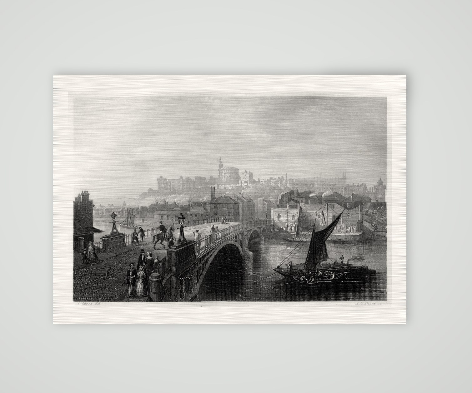 Windsor, Schloss über der Themse mit Brücke, Stahlstich von A. H. Payne um 1850, Kunstdruck auf Leinenpapier