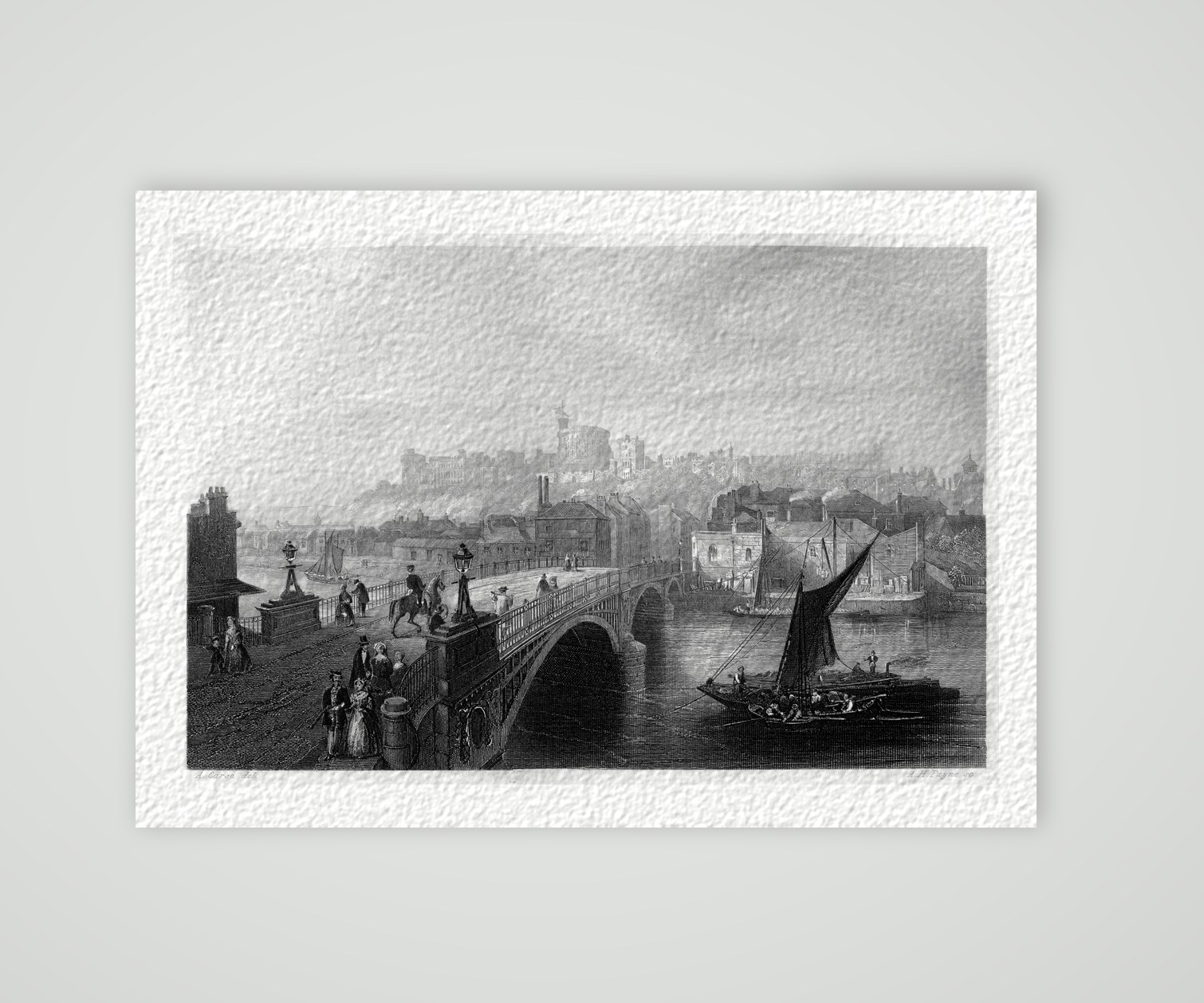Windsor, Schloss über der Themse mit Brücke, Stahlstich von A. H. Payne um 1850, Kunstdruck auf Hahnemühle-Büttenpapier