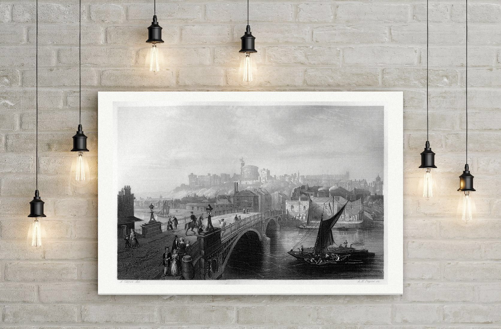 Windsor, Schloss über der Themse mit Brücke, Stahlstich von A. H. Payne um 1850, Leinwanddruck auf Holzkeilrahmen an der Wand