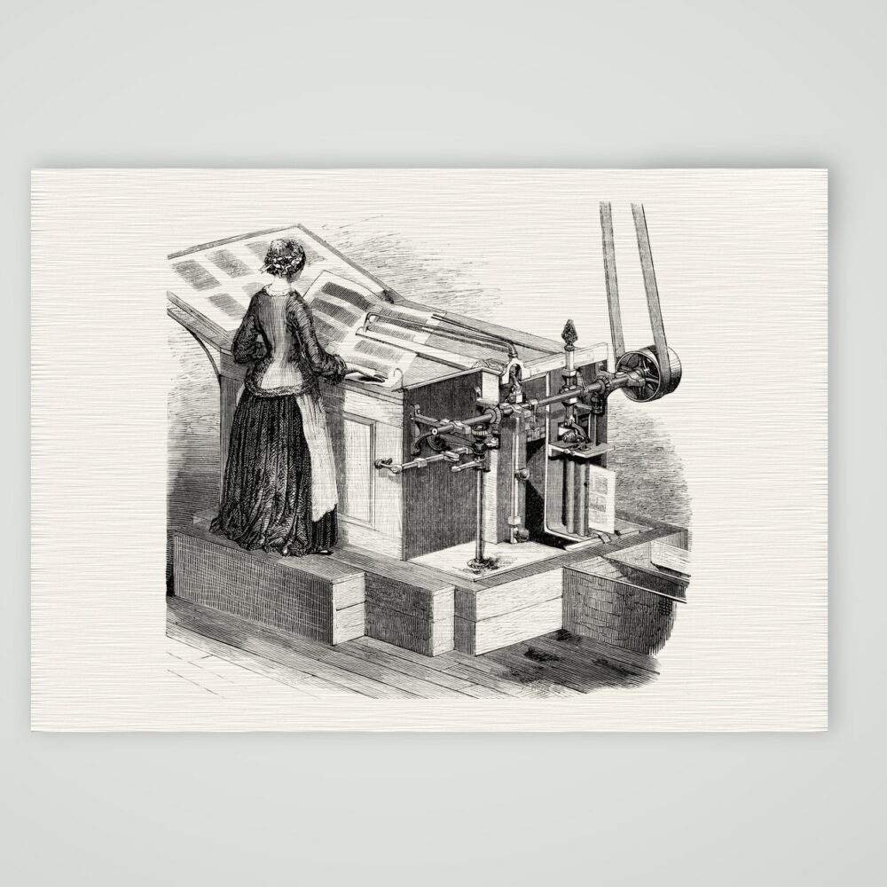 Falzmaschine – Holzstich, Kunstdruck auf Leinenpapier