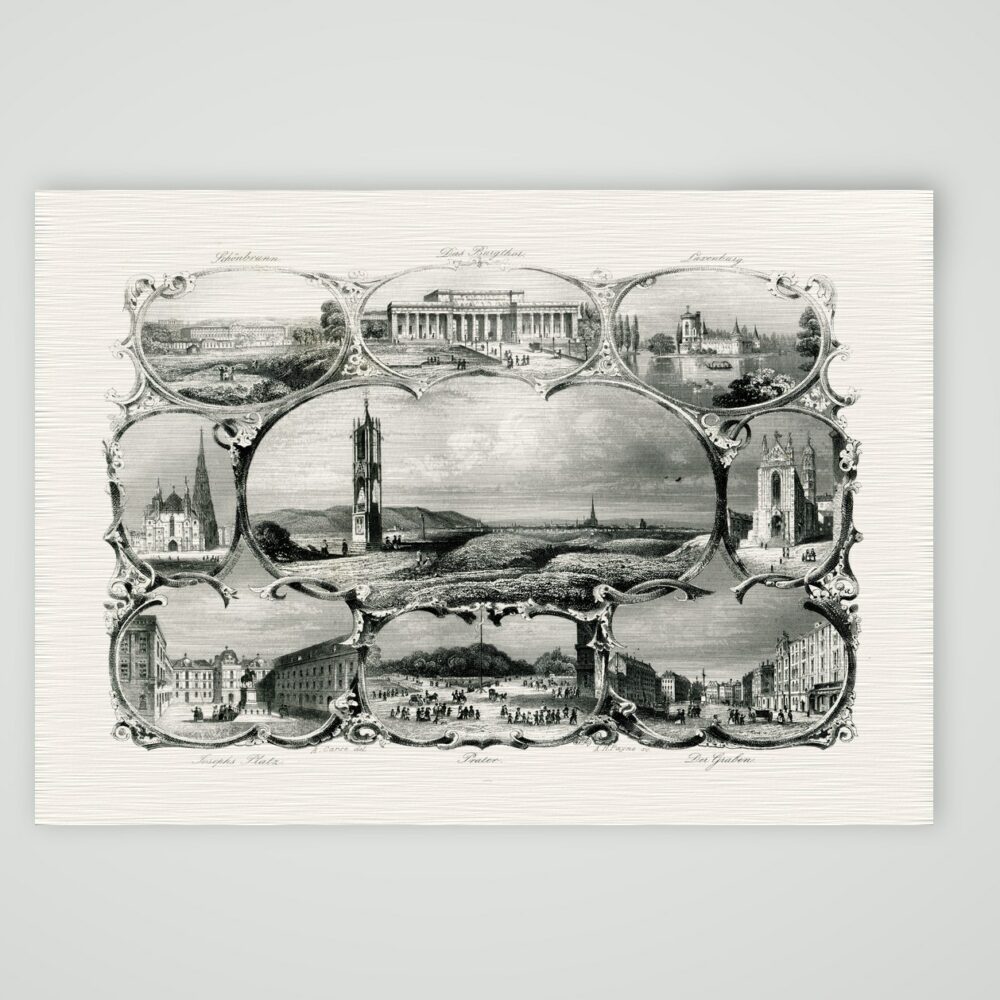 Wien, Souvenirblatt mit Ansichten von Schönbrunn, Burgtor, Laxenburg und Stephansdom, Stahlstich um 1850, Kunstdruck auf Leinenpapier