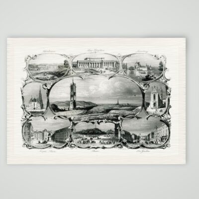 Wien, Souvenirblatt mit Ansichten von Schönbrunn, Burgtor, Laxenburg und Stephansdom, Stahlstich um 1850, Kunstdruck auf Leinenpapier