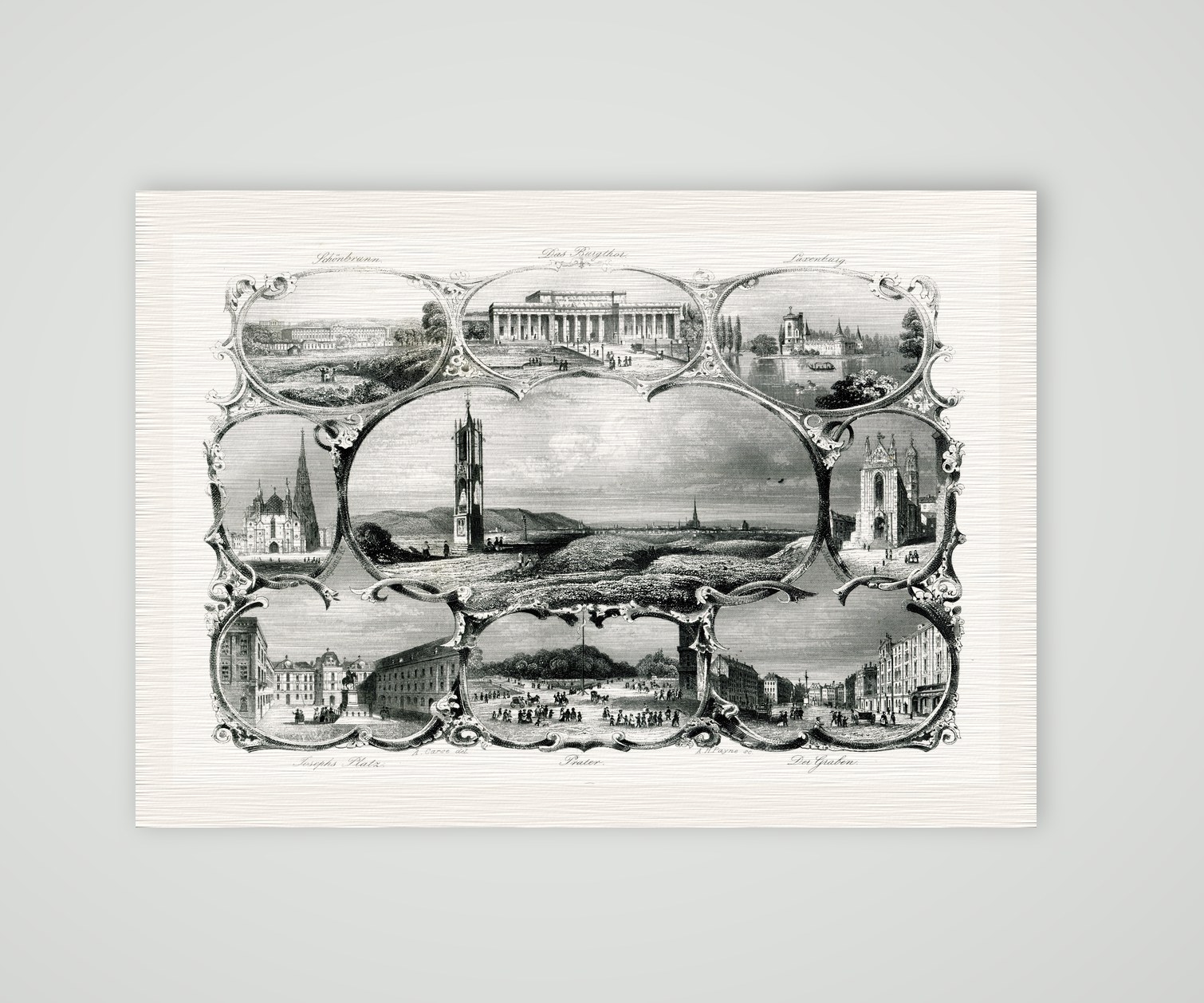 Wien, Souvenirblatt mit Ansichten von Schönbrunn, Burgtor, Laxenburg und Stephansdom, Stahlstich um 1850, Kunstdruck auf Leinenpapier