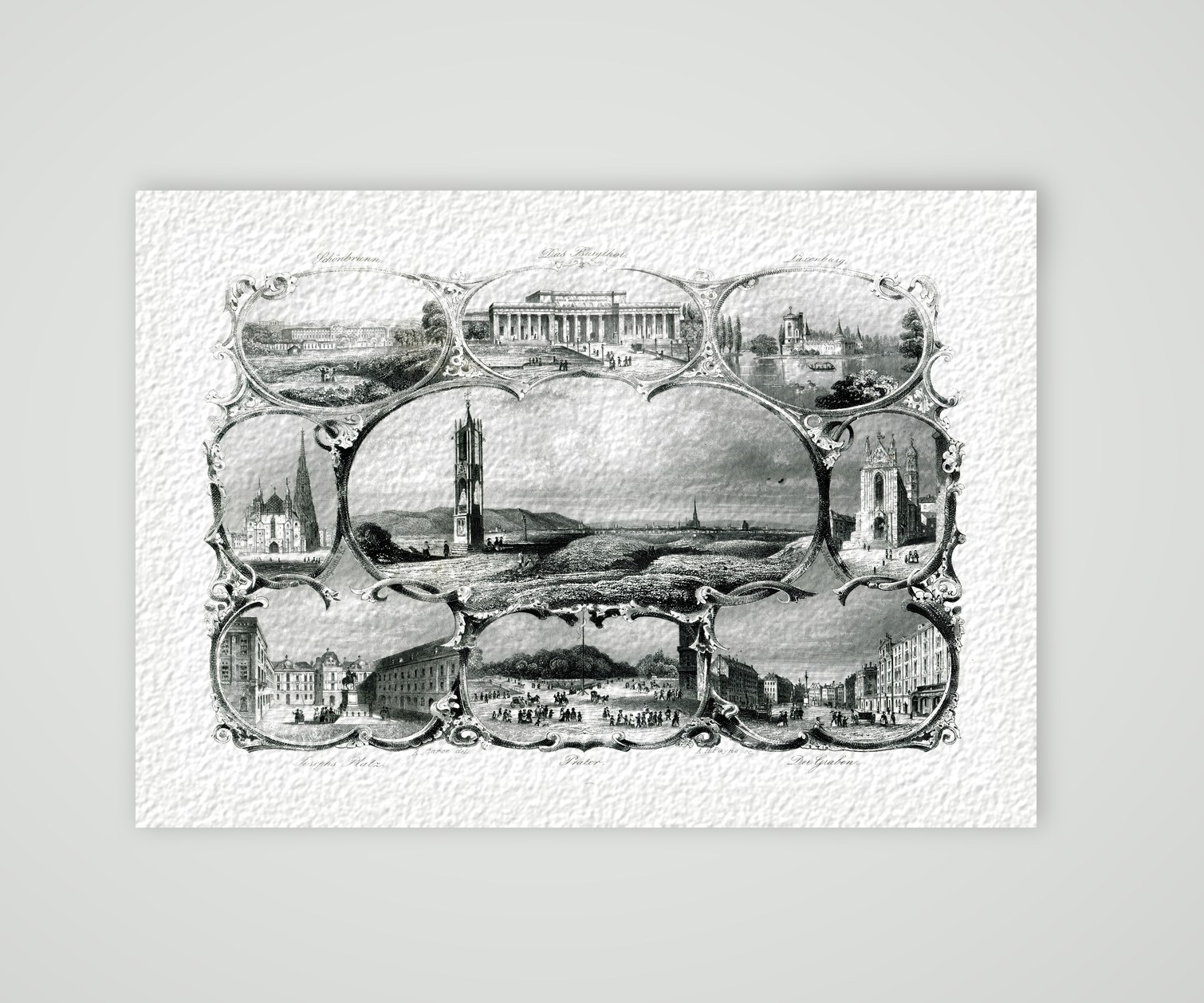 Wien, Souvenirblatt mit Ansichten von Schönbrunn, Burgtor, Laxenburg und Stephansdom, Stahlstich um 1850, Kunstdruck auf Hahnemühle-Büttenpapier