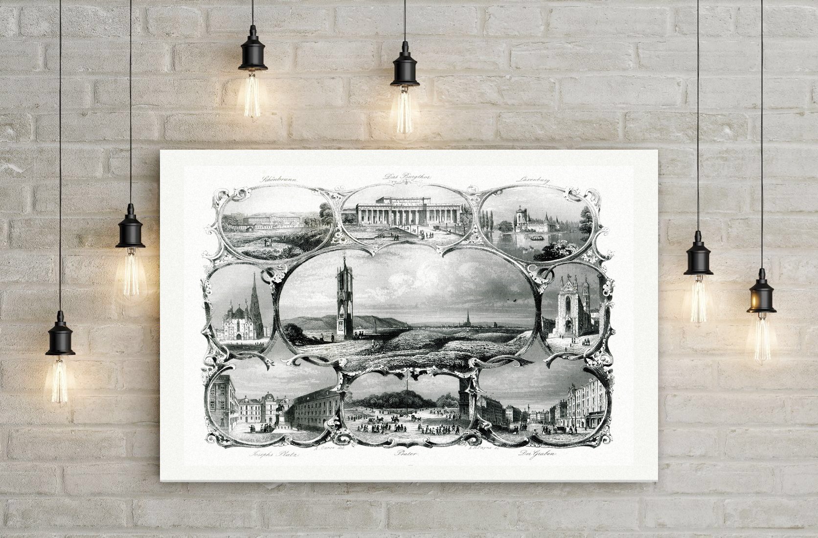 Wien, Souvenirblatt mit Ansichten von Schönbrunn, Burgtor, Laxenburg und Stephansdom, Stahlstich um 1850, Leinwanddruck auf Holzkeilrahmen an der Wand