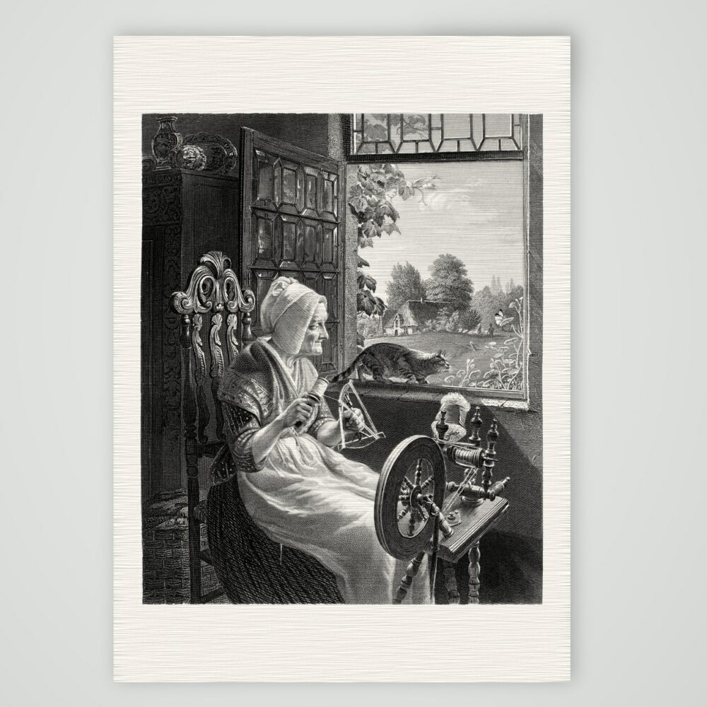 Der Schmetterling – die alte Spinnerin – Stahlstich, Kunstdruck auf Leinenpapier