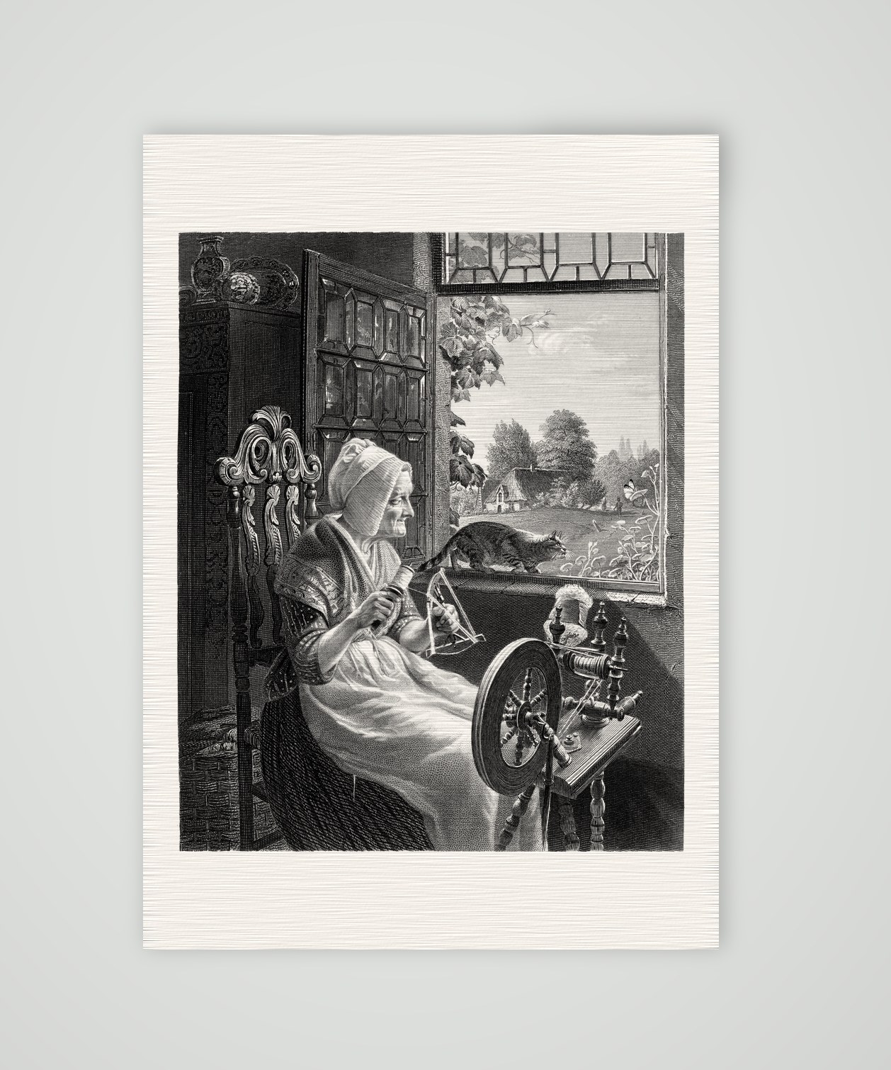 Der Schmetterling – die alte Spinnerin – Stahlstich, Kunstdruck auf Leinenpapier