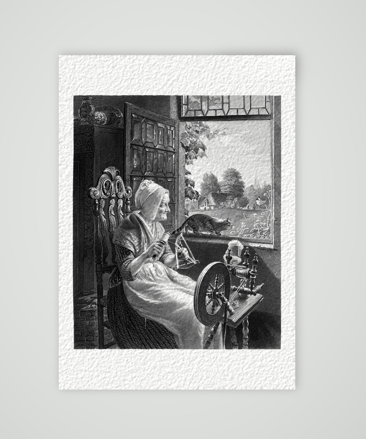 Der Schmetterling – die alte Spinnerin – Stahlstich, Kunstdruck auf Hahnemühle-Büttenpapier