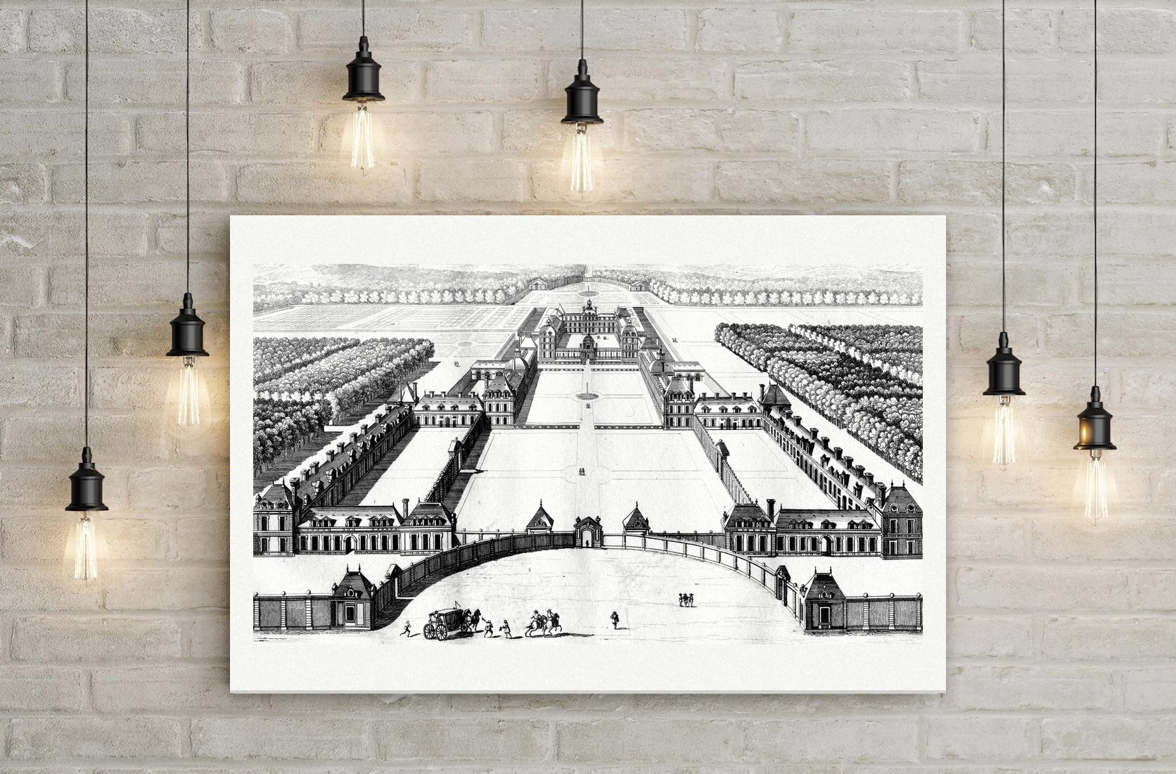 Schloss Richelieu aus der Vogelschau – Kupferstich, Leinwanddruck auf Holzkeilrahmen an der Wand