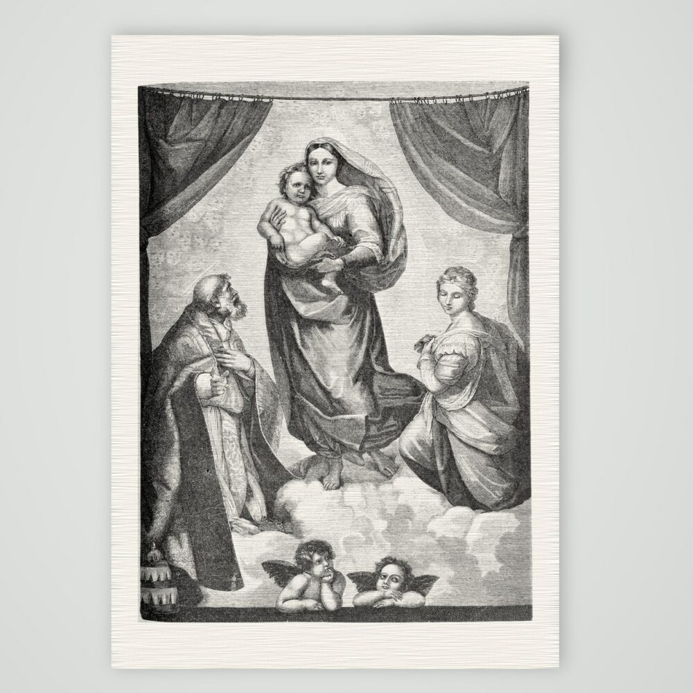 Die Sixtinische Madonna nach Raffael – Holzstich nach Raffael, Kunstdruck auf Leinenpapier