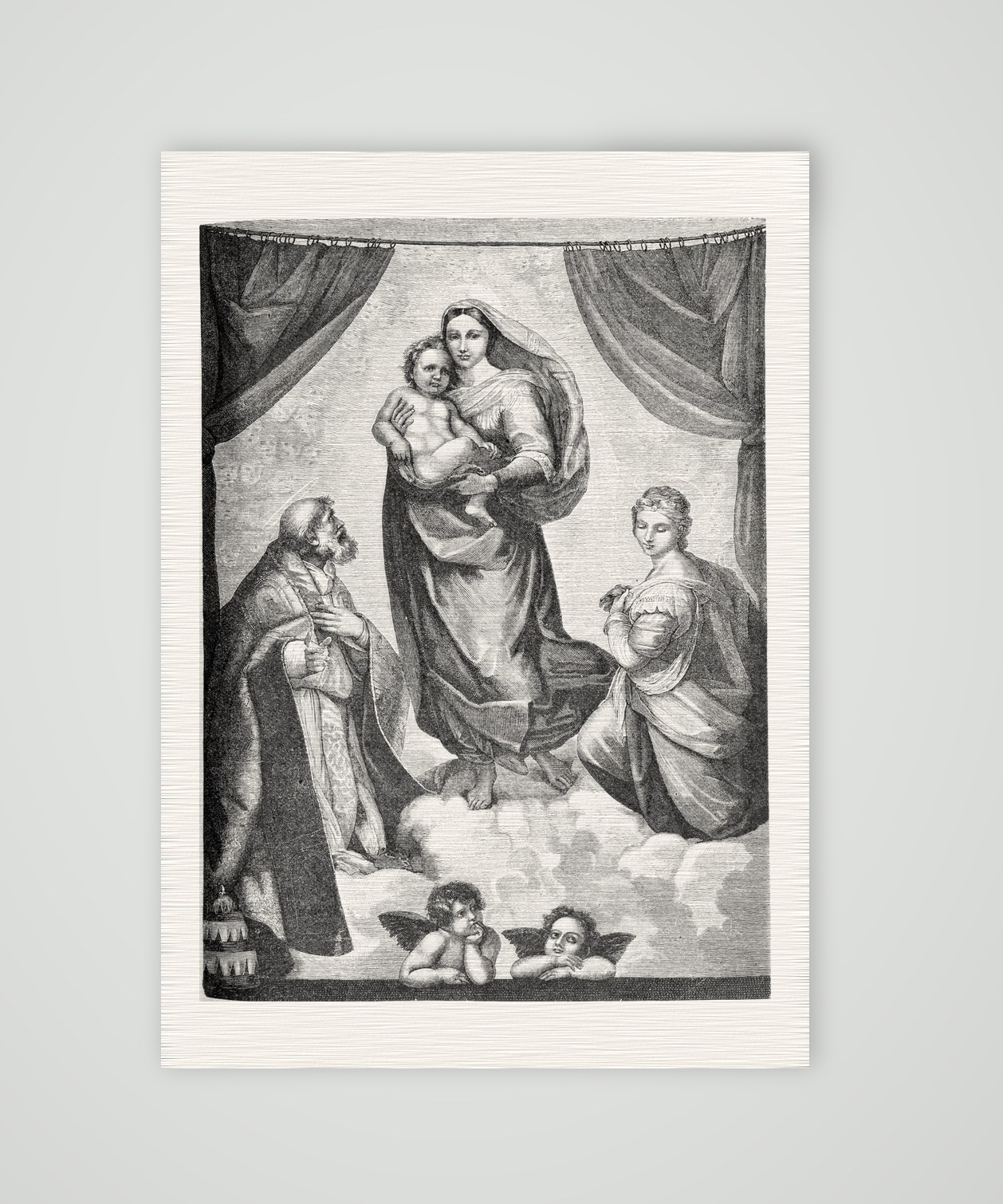 Die Sixtinische Madonna nach Raffael – Holzstich nach Raffael, Kunstdruck auf Leinenpapier