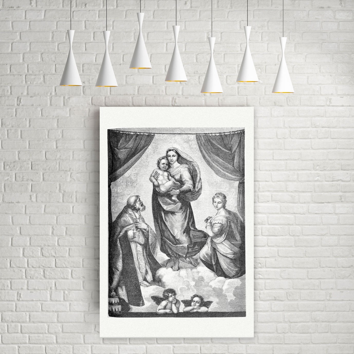 Die Sixtinische Madonna nach Raffael – Holzstich nach Raffael, Leinwanddruck auf Holzkeilrahmen an der Wand