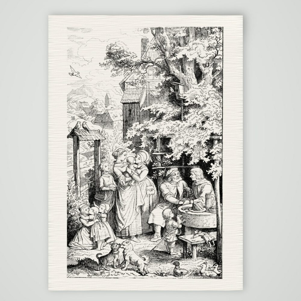 Besuch auf dem Lande nach Ludwig Richter – Holzstich nach Ludwig Richter, Kunstdruck auf Leinenpapier