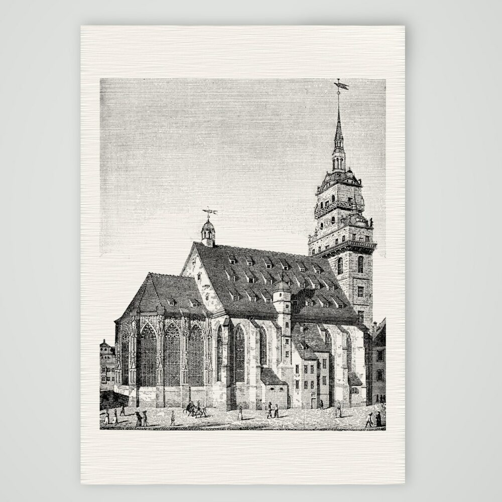 Dresden, die Kreuzkirche in früherer Gestalt – Holzstich, Kunstdruck auf Leinenpapier