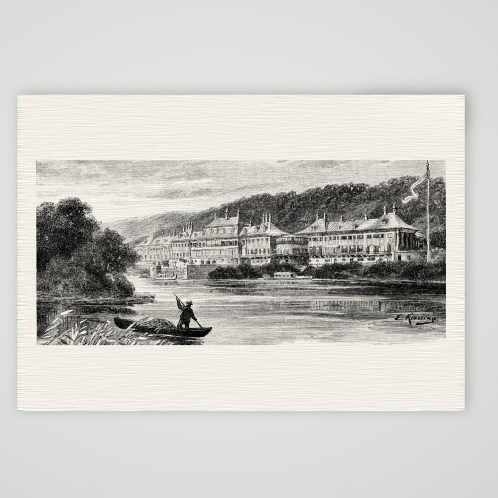 Pillnitz, das Lustschloss an der Elbe – Holzstich, Kunstdruck auf Leinenpapier