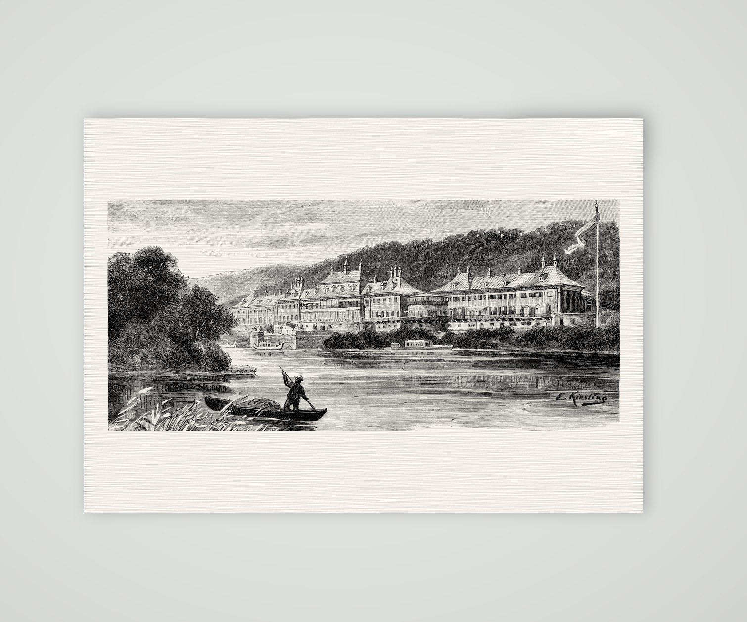 Pillnitz, das Lustschloss an der Elbe – Holzstich, Kunstdruck auf Leinenpapier