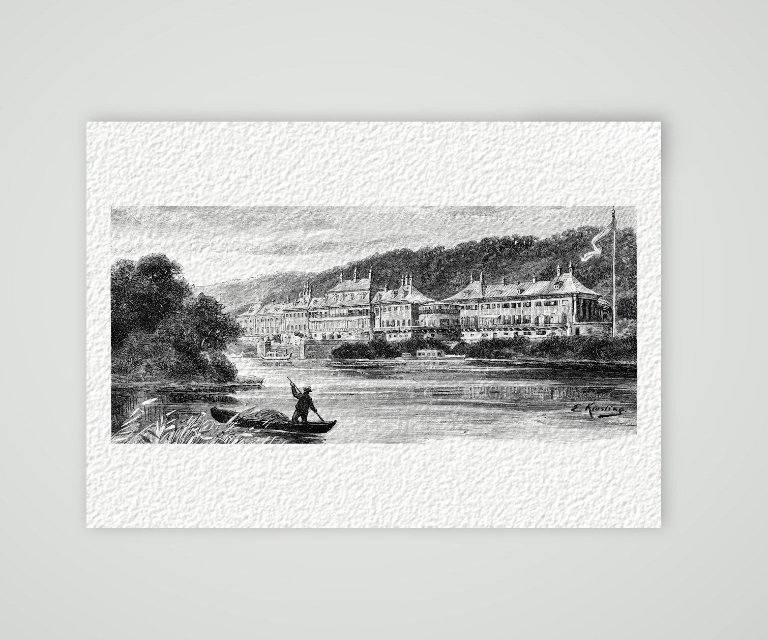 Pillnitz, das Lustschloss an der Elbe – Holzstich, Kunstdruck auf Hahnemühle-Büttenpapier