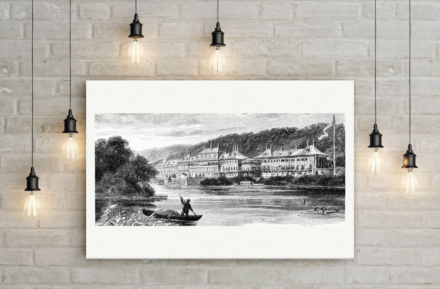 Pillnitz, das Lustschloss an der Elbe – Holzstich, Leinwanddruck auf Holzkeilrahmen an der Wand