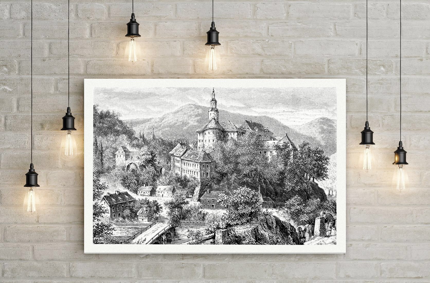 Schloss Weesenstein im Müglitztal – Holzstich, Leinwanddruck auf Holzkeilrahmen an der Wand