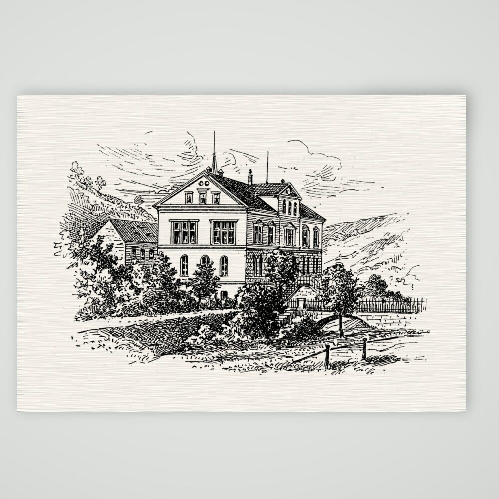 Glashütte, die Deutsche Uhrmacherschule – Holzstich, Kunstdruck auf Leinenpapier