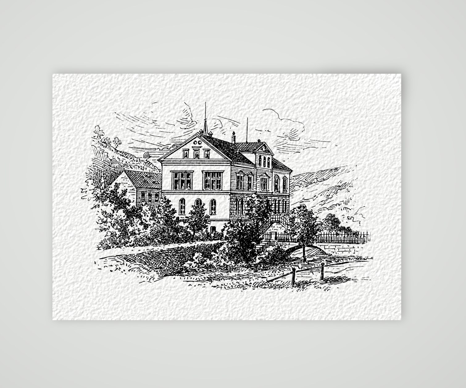 Glashütte, die Deutsche Uhrmacherschule – Holzstich, Kunstdruck auf Hahnemühle-Büttenpapier
