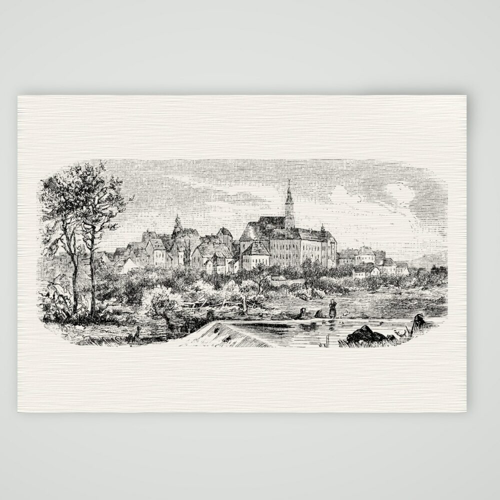 Dippoldiswalde, Blick über den Teich – Holzstich, Kunstdruck auf Leinenpapier