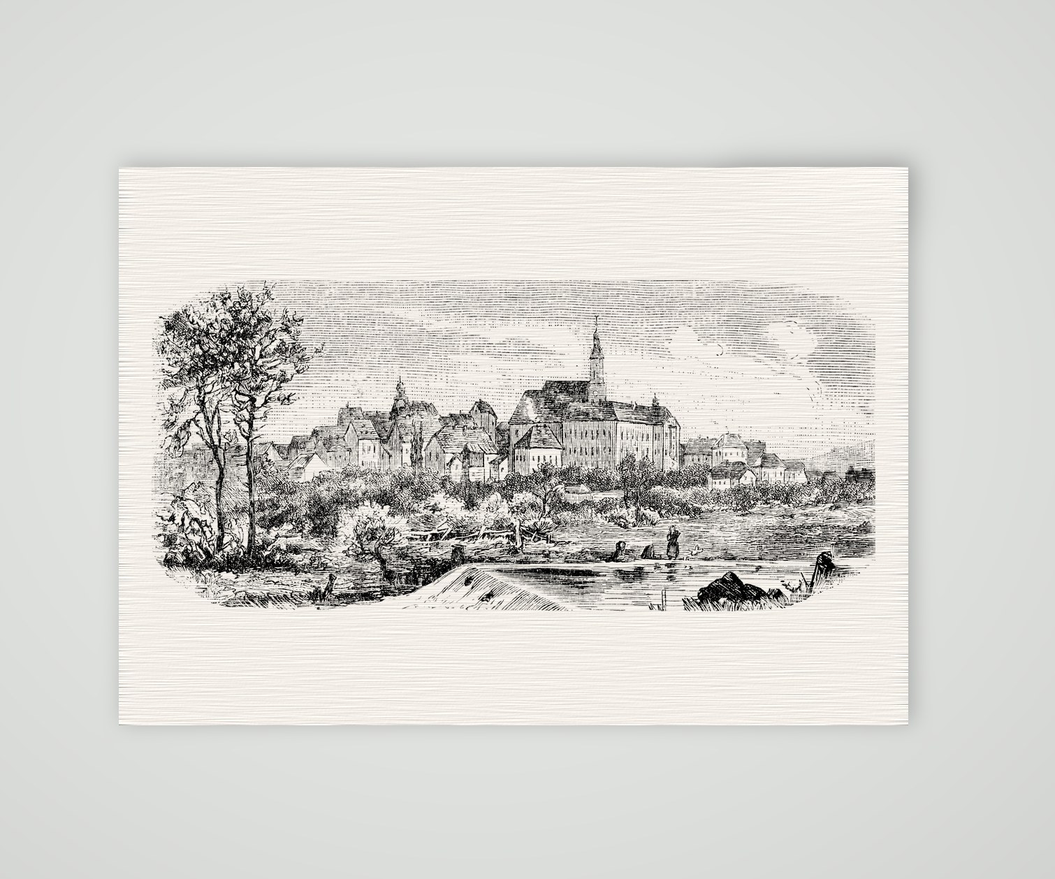Dippoldiswalde, Blick über den Teich – Holzstich, Kunstdruck auf Leinenpapier