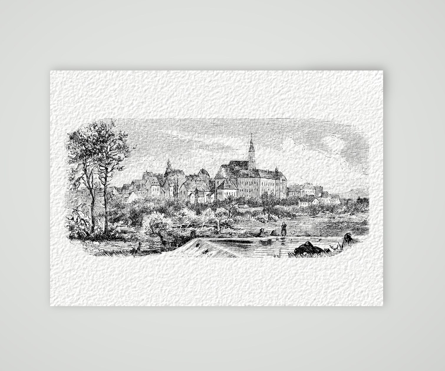 Dippoldiswalde, Blick über den Teich – Holzstich, Kunstdruck auf Hahnemühle-Büttenpapier