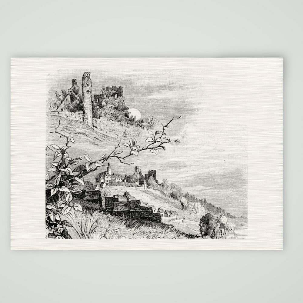 Frauenstein, die Burgruine im Mondschein – Holzstich, Kunstdruck auf Leinenpapier