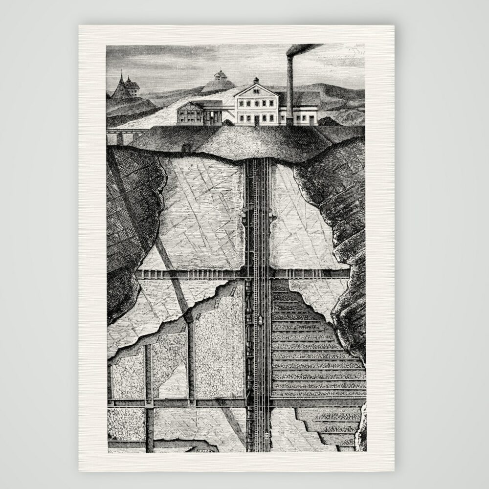 Querschnitt durch ein Erzbergwerk – Holzstich, Kunstdruck auf Leinenpapier