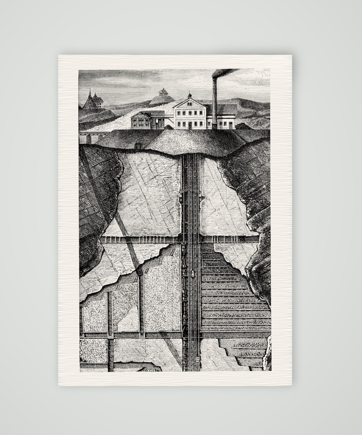 Querschnitt durch ein Erzbergwerk – Holzstich, Kunstdruck auf Leinenpapier