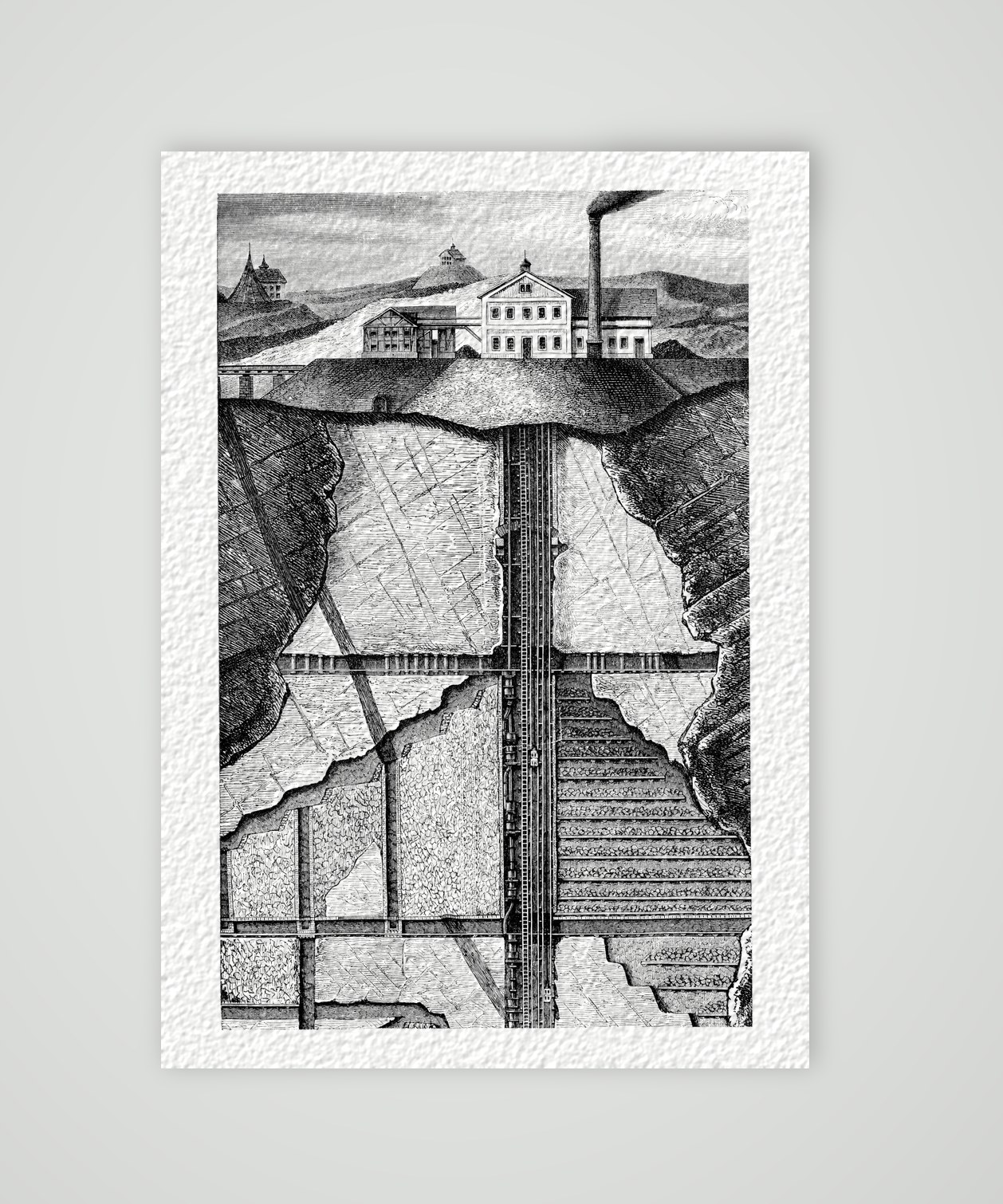 Querschnitt durch ein Erzbergwerk – Holzstich, Kunstdruck auf Hahnemühle-Büttenpapier