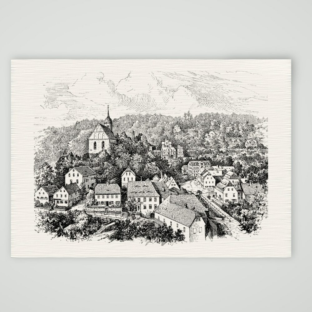Tharandt mit der Bergkirche – Holzstich, Kunstdruck auf Leinenpapier