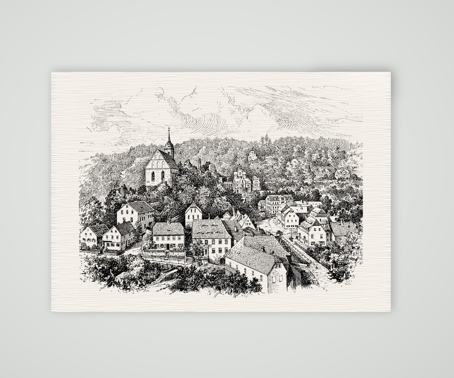 Tharandt mit der Bergkirche – Holzstich, Kunstdruck auf Leinenpapier