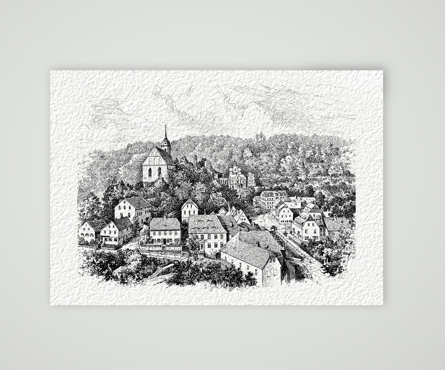 Tharandt mit der Bergkirche – Holzstich, Kunstdruck auf Hahnemühle-Büttenpapier