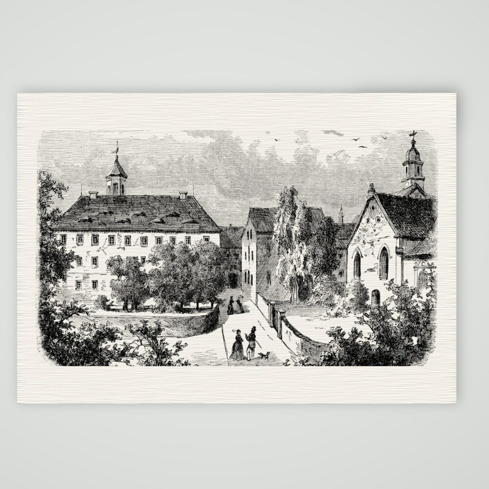 Meißen, Fürstenschule St. Afra in früherer Gestalt – Holzstich, Kunstdruck auf Leinenpapier