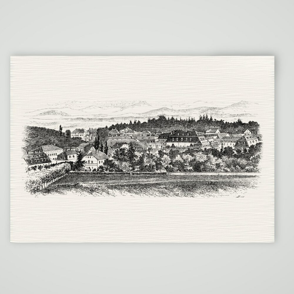 Herrnhut in der Oberlausitz – Holzstich, Kunstdruck auf Leinenpapier