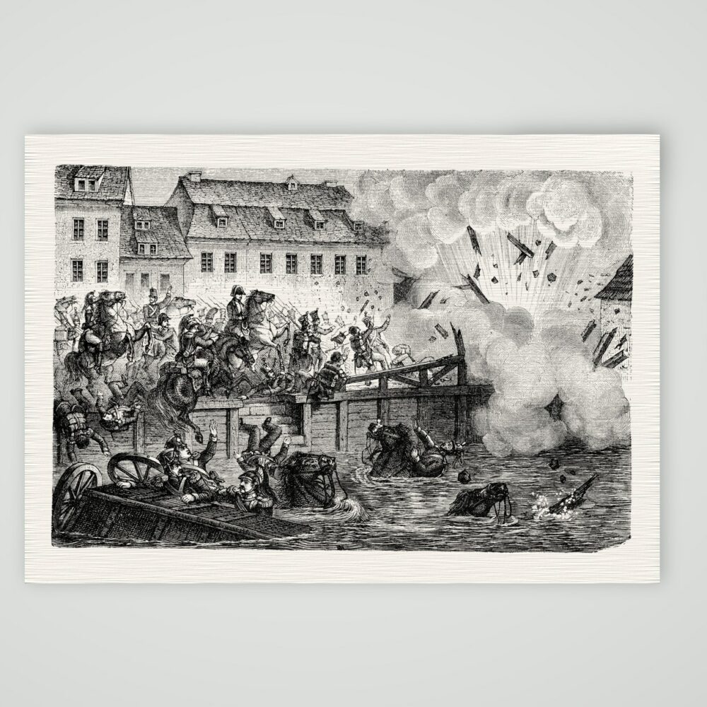 Leipzig, Sprengung der Elsterbrücke am 19. Oktober 1813 – Holzstich, Kunstdruck auf Leinenpapier