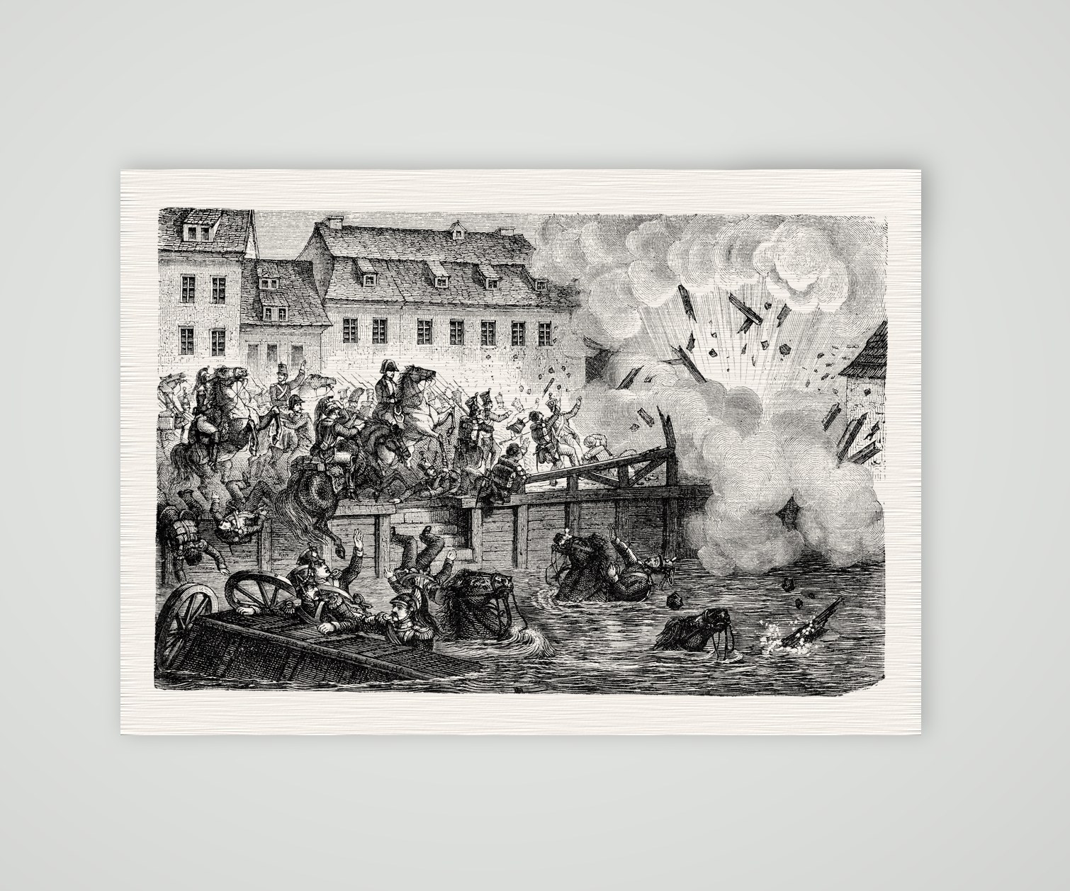 Leipzig, Sprengung der Elsterbrücke am 19. Oktober 1813 – Holzstich, Kunstdruck auf Leinenpapier