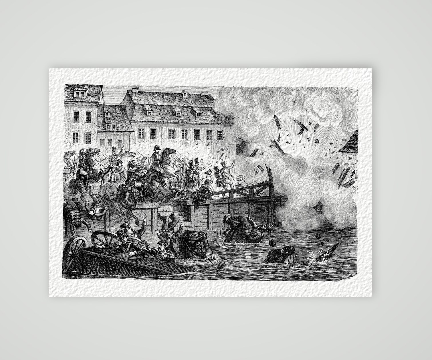 Leipzig, Sprengung der Elsterbrücke am 19. Oktober 1813 – Holzstich, Kunstdruck auf Hahnemühle-Büttenpapier