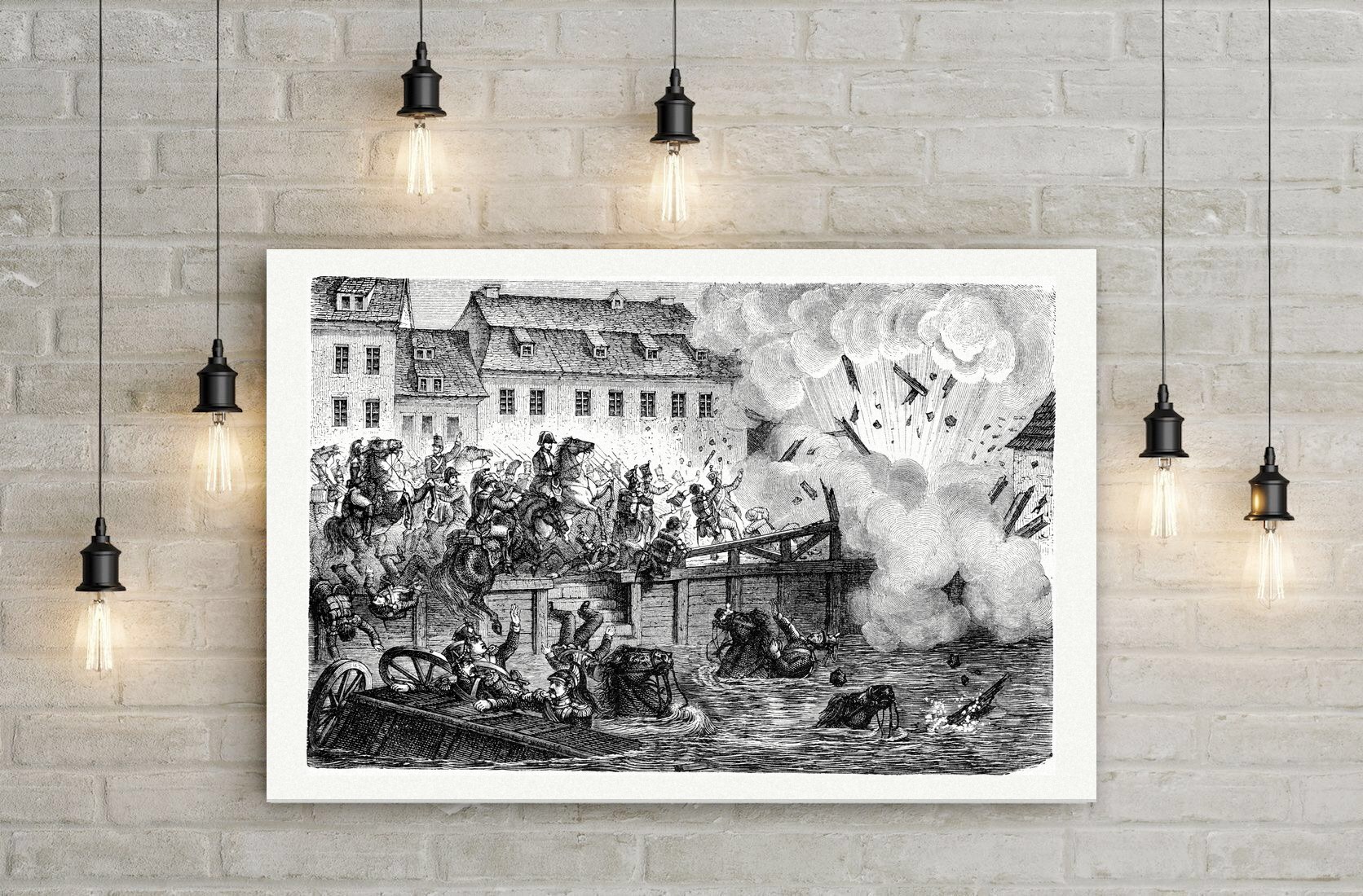 Leipzig, Sprengung der Elsterbrücke am 19. Oktober 1813 – Holzstich, Leinwanddruck auf Holzkeilrahmen an der Wand