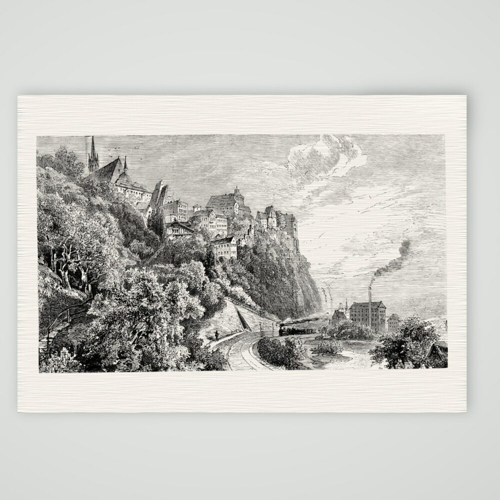 Leisnig mit Burg Mildenstein – Holzstich, Kunstdruck auf Leinenpapier