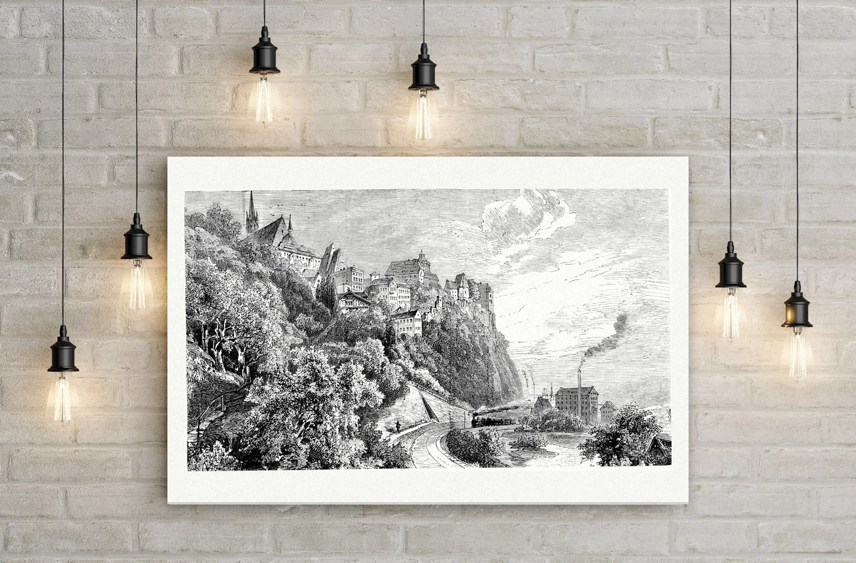 Leisnig mit Burg Mildenstein – Holzstich, Leinwanddruck auf Holzkeilrahmen an der Wand