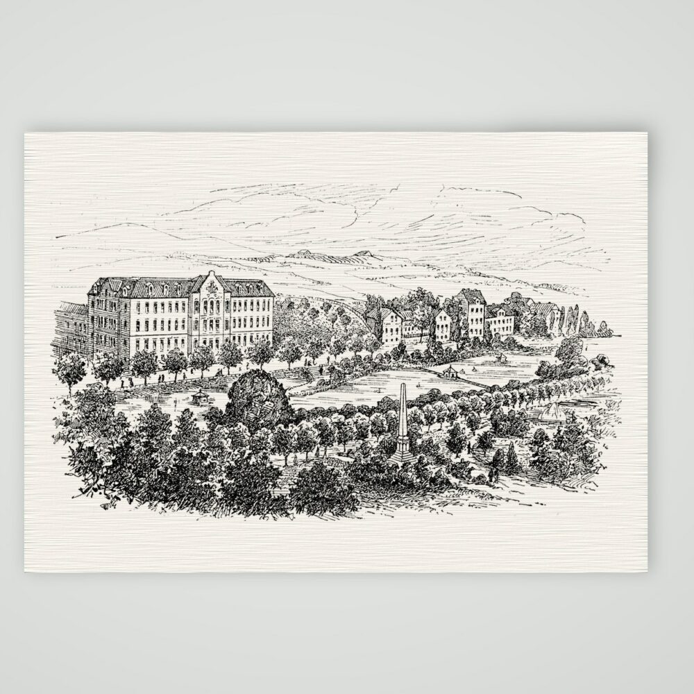 Grimma, Lehrerseminar mit den Schwanenteich-Anlagen – Holzstich, Kunstdruck auf Leinenpapier