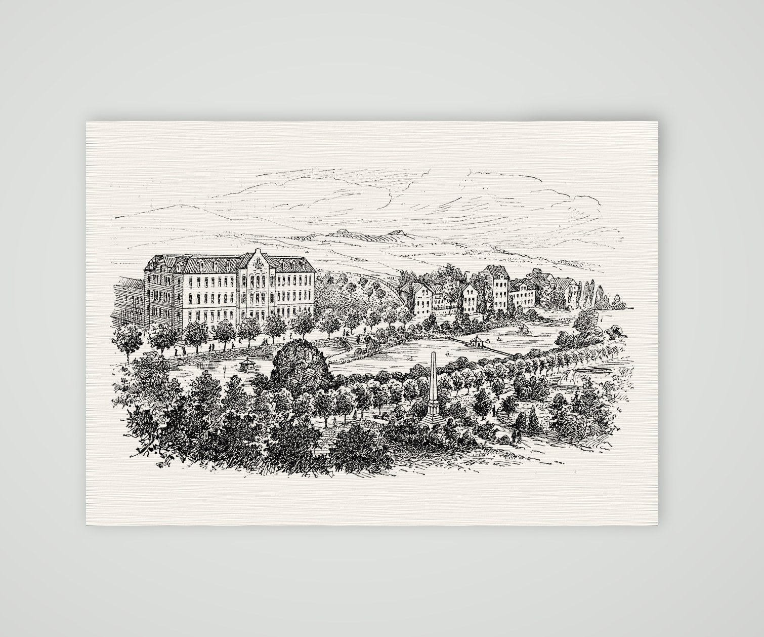 Grimma, Lehrerseminar mit den Schwanenteich-Anlagen – Holzstich, Kunstdruck auf Leinenpapier