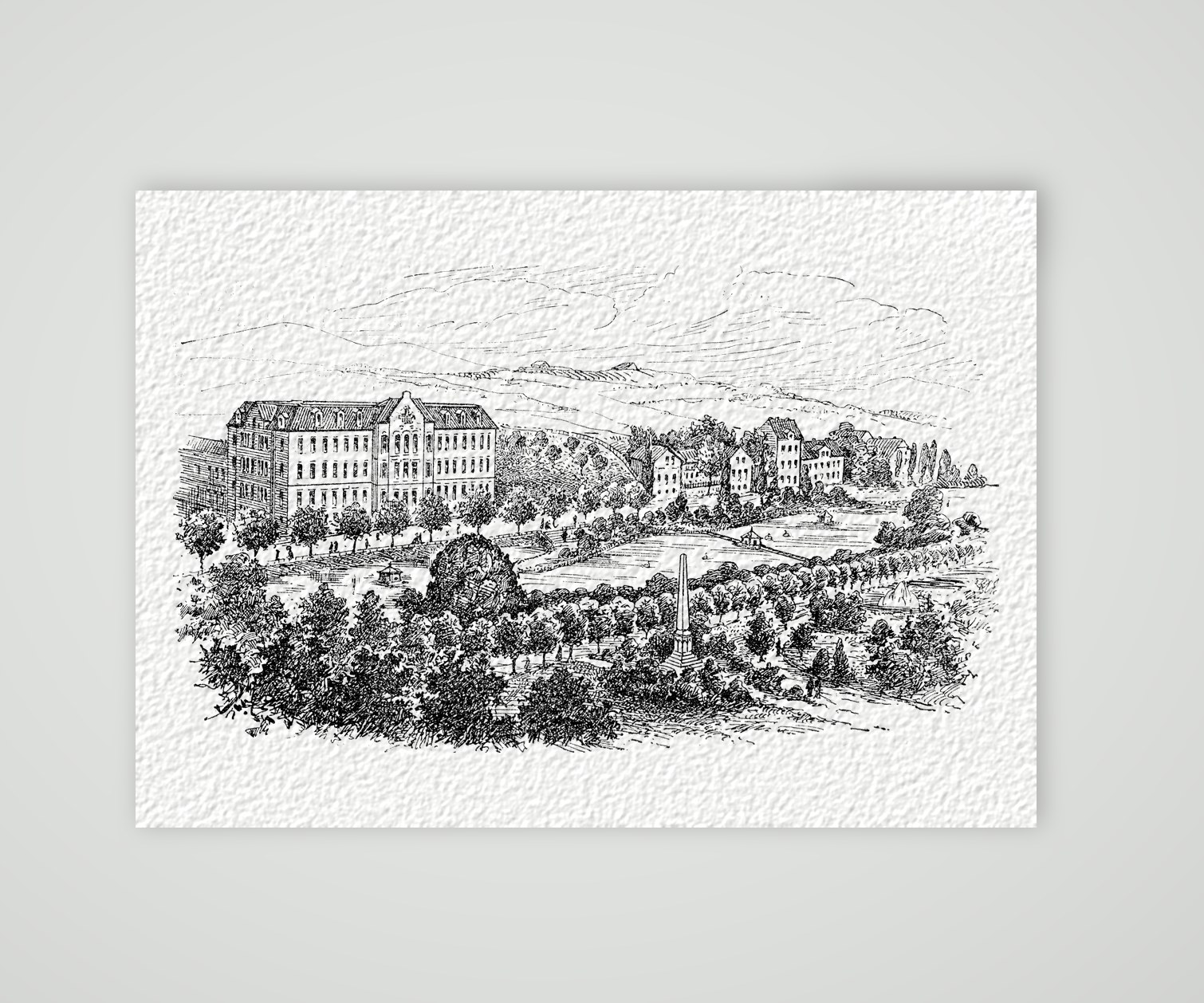 Grimma, Lehrerseminar mit den Schwanenteich-Anlagen – Holzstich, Kunstdruck auf Hahnemühle-Büttenpapier
