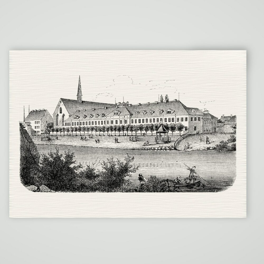 Grimma, die Landesschule zu Anfang des 19. Jahrhunderts – Holzstich, Kunstdruck auf Leinenpapier