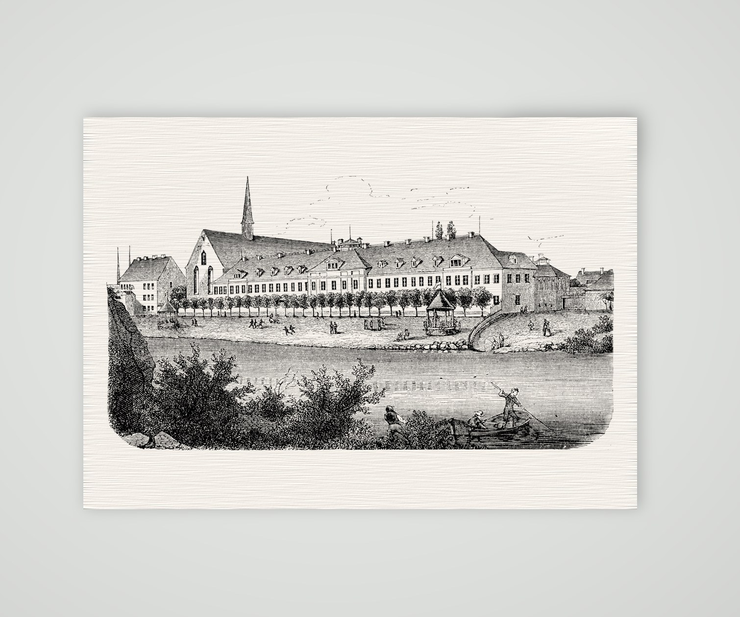 Grimma, die Landesschule zu Anfang des 19. Jahrhunderts – Holzstich, Kunstdruck auf Leinenpapier