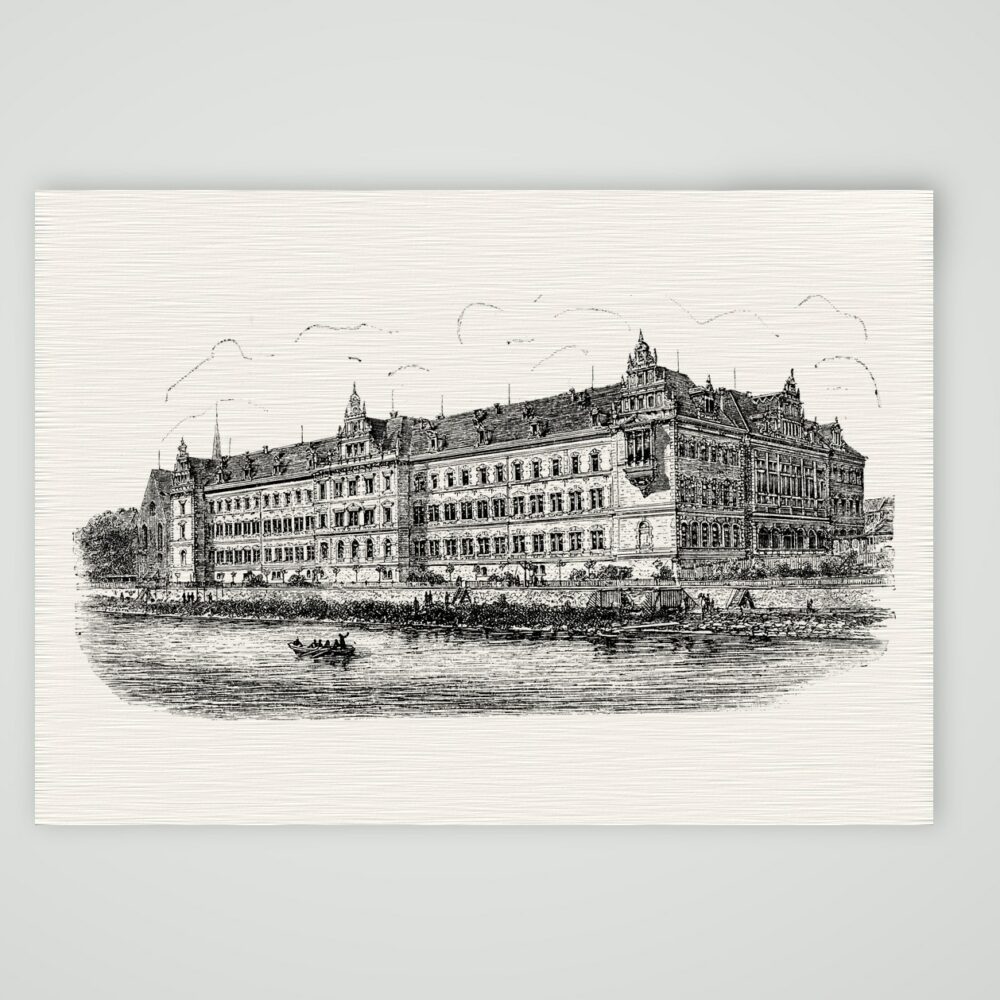 Grimma, die Landesschule St. Augustin nach dem Neubau – Holzstich, Kunstdruck auf Leinenpapier